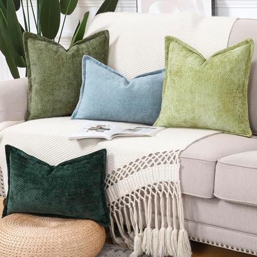 MADIZZ Decorative Chenille Velvet Throw Pillow Covers Set of 2 Soft Boho Textured Neutral Couch Throw Pillow for Bed Modern Farmhouse Home Decor for Sofa Livingroom Light Green 12x20 Inch
