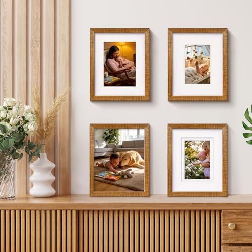 Egofine 8x10 Picture Frames Set of 4, Made of Solid Wood Covered by Plexiglass 4x6 and 5x7 with Mat or 8x10 without Mat, for Table Top Display and Wall Mounting Photo Frame, Teak Wood