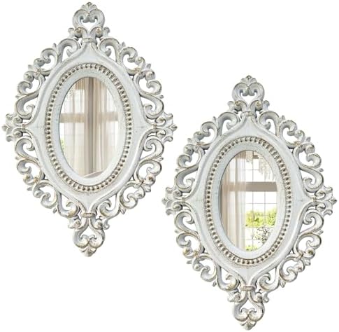 2 Set Oval Wood Carved Wall Mirror Baroque 3D Relief Rustic Home Decor Small Decorative Hanging Mirrors for Living Room, Bedroom Entrance Wall Sculpture