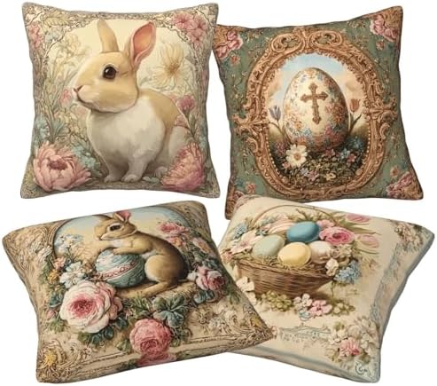 Easter Bunny Egg Vintage Throw Pillow Covers Set of 4 Decorative Soft Double Sided Print Pillow Case Farmhouse Home Decor for Living Room Sofa Couch 18x18