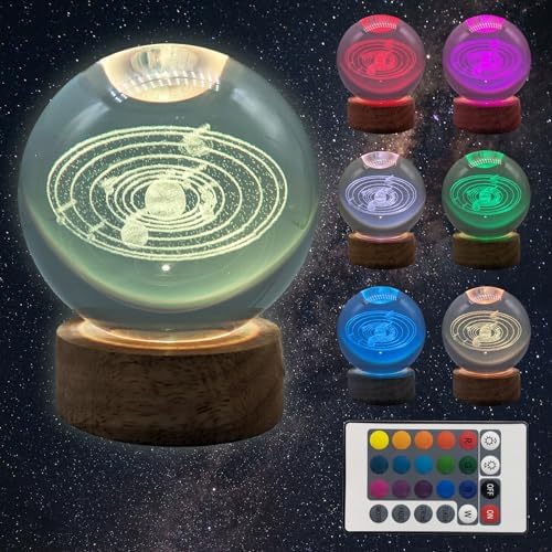 3D Crystal Ball 3.15" With LED Lamp, Colorful Wooden Base Night Light, Removable Glow Ball, Color Changing Light With Remote (4-SolarSystem)