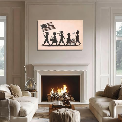 RIBNTAK Vintage Kids Patriotic Parade Wall Art for Kids Room, American Flag Silhouette Poster for Home Office Decor, 4th of July Pictures Wall Decor, Unique Independence Day Canvas Prints