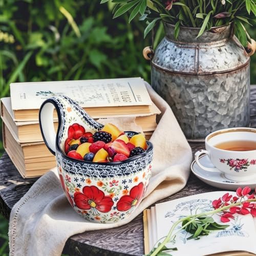 ALMA Soup Bowl With Handle,16oz Handpainted Floral Soup Mug Microwave Safe