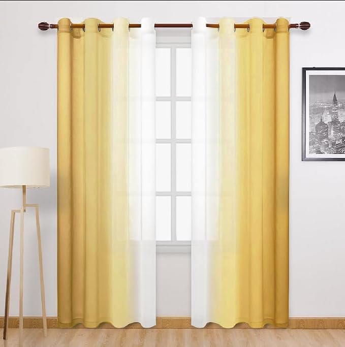 DWCN Ombre Sheer Curtains - Faux Linen Semi Voile Gradient Light-Filtering Bedroom and Living Room Curtains, Set of 2 Grommet Top Window Drape Panels, 52 x 96 Inch Length, Mustard Yellow