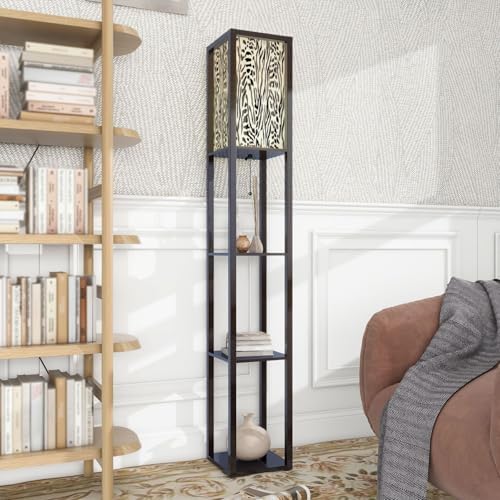 Standing Lamp with Shelves Tall Animal Print Zebra Stripes Mix Leopard Spots Geometric Elements Modern Wood Corner Lamp for Bedroom Living Room Office Floor Lamp Mid Century Room Decor