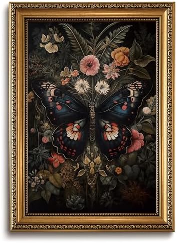 Vintage Gold Framed Butterfly Wall Art Dark Academia Canvas Art Prints | Dark Moody Floral Pictures Gothic Botanical Paintings Wall Decor Artwork for Living Room Bedroom 16x24in