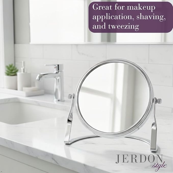JERDON 5.5" Tabletop Makeup Mirror - 5X Magnification - Chrome - MC113C | Two-Sided 1X View, 5.75" Tall