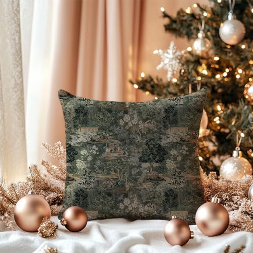 Dark Green Chinoiserie Forest Garden Throw Pillow Cover 18x18