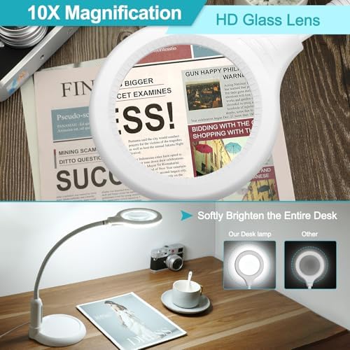 10X Magnifying Glass with Light and Clamp, 5 Color Modes Stepless Dimmable Lighted Magnifier with Stand, Flexible Gooseneck LED Desk Lamp Hands Free for Craft Painting Hobby Close Work
