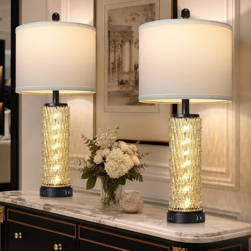 28" Crystal Table Lamp Set of 2, Bedside Lamp with LED Night Light & USB A+C Charging Ports, Glass Lamps for Bedroom Living Room Nightstand Office, 2 Bulbs Included