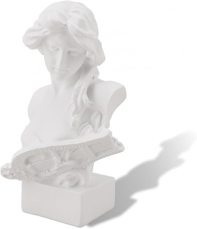 6" Greek Statue of Musical Goddess, White Resin Lyre Player Sculpture