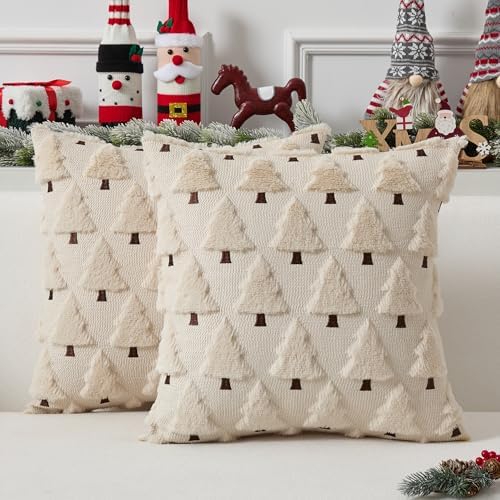 UGASA Christmas Decorative Pillow Covers 18x18 Inch Soft Plush Faux Fur Jacquard Throw Pillows Pillowcases for Couch Sofa Holiday Festivals Winter Home Decor Set of 2 Beige