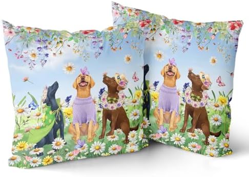 Giwawa 2PCs Spring Dogs Throw Pillow Covers, 16"x16" Colorful Wildflowers Funny Puppy Decorative Square Pillow Cases, Watercolor Floral Animal Cotton Cushion Covers Sofa Porch Bedding Decor