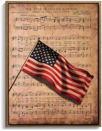 American Flag Framed Canvas Wall Art, 4th of July Patriotic Canvas Prints | Sheet Music Poster Print, Vintage Independence Day Wall Decor for Bedroom Living Room Office 24×32in