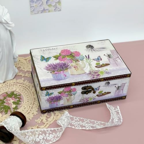 Treasure Box Vintage Wooden + PU Leather Decorative Storage Box With Lid - Trinket, Jewelry & Memento Keepsake Box - Gifts for Kids, Girls, Women & Home Decor (Lavender, Small)