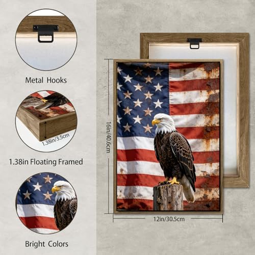 American Flag Framed Canvas Wall Art, 4th of July Patriotic Canvas Prints | USA Flag with Bald Eagle Poster Print, Vintage Independence Day Wall Decor for Bedroom Living Room 12×16in