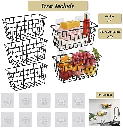 JUNCHU CHERRY 5 Pack Hanging Storage Basket, Bathroom Basket, Household Goods, with Traceless Tape, no Drilling, for Cabinet Storage, Kitchen, Bathroom, Storage Room,Black
