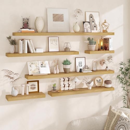 Fun Memories Floating Shelves for Wall, 20Inch Floating Shelves Set of 2, Hanging Shelf with Invisible Brackets, Wood Shelves for Living Room, Bedroom, Kitchen, Oak