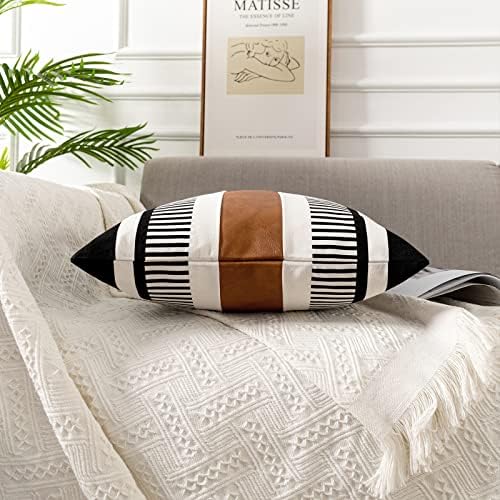 Black White Boho Pillow Cover with Leather Modern Couch Cushion Cover 22x22 inch Farmhouse Stripe Pillowcase for Couch Bed, Black