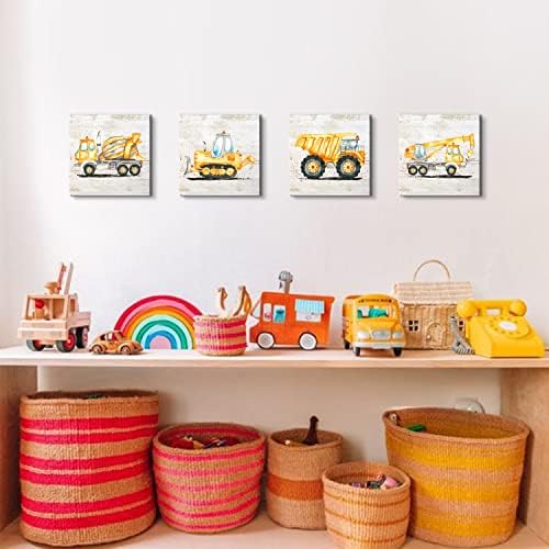 Construction Decor for Boys Room Construction Truck Pictures for Kids Room | Dump Truck Excavator Canvas Prints Vintage Car Posters Toddler Boy Room Decor Nursery Wall Art Playroom Decor 12x12" 4Pcs