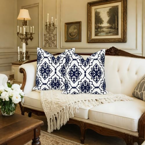 Slow Cow Pack of 2 Canvas Embroidery Decorative Cushion Covers Navy Blue Bohemian Flower Throw Pillow Covers 18 x18 inches