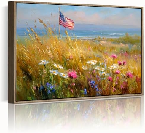 American Flag Framed Canvas Wall Art, 4th of July Patriotic Canvas Prints | Wildflower Landscape Poster Print, Vintage Rustic Independence Day Wall Decor for Bedroom Living Room Office 24×32in