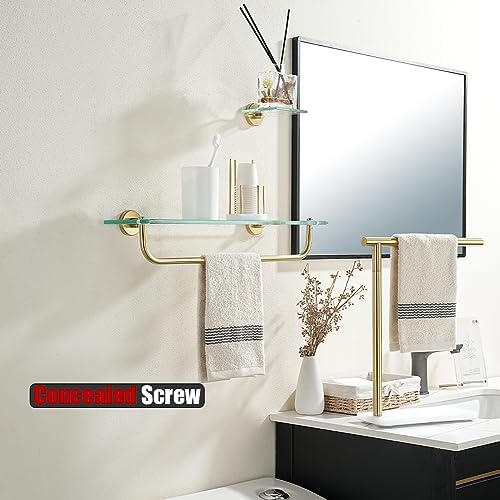 JQK Bathroom Glass Shelf, Shelf with 19 Inch Towel Bar Tempered Glass Shower Storage 20 by 5 inches, 304 Stainless Steel Brushed Gold Wall Mount, TGS100L20-BG