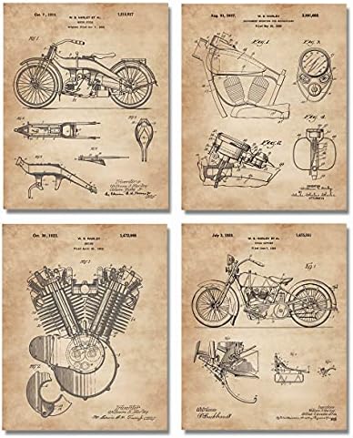 ArtCantHurtU Motorcycle Patent Prints Set of 4, Biker Decor 8"x10" Unframed | Chalkboard-style technical drawings showcase antique motorbikes and mechanical details for garages or collector displays
