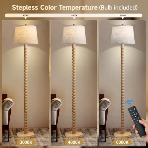 Wood Floor Lamp for Living Room,Real Wood Standing Lamp with Color Changing Bulb, Tall Lamp with Linen Shade, Floor Lamp for Bedroom,Corner,Dining Room (Natural Wood Finish with Remote LED Bulb)