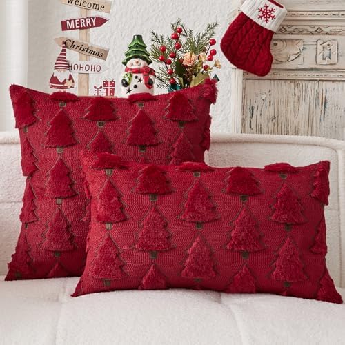 Kevin Textile Christmas Tree Pillow Covers 20x20 Inch Set of 2 Luxury Embroidery Soft Plush Faux Fur Decoration Pillowcases for Couch Sofa Holiday Festivals Winter Xmas Gift, Burgundy & Green
