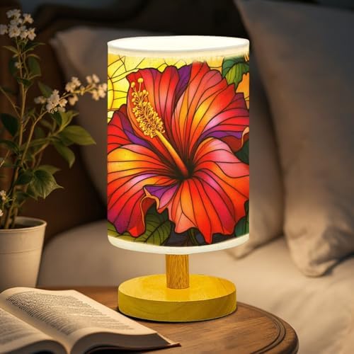 Hibiscus Table Lamp LED 3-Color Pressed Bedside, Hibiscus Shade Lamp with Wood Base for Bedroom Living Room Desk Office TL01