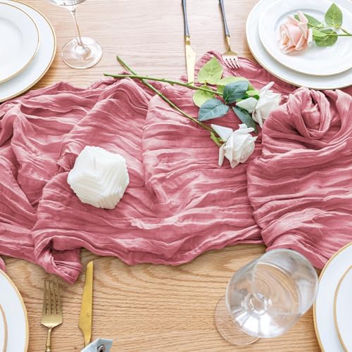 Wokceer Cheesecloth Table Runner Dusty Rose 10FT Boho Gauze, 3 Pack