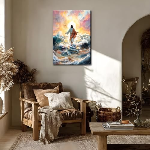 KYHDCJUB Jesus Walking On Water Wall Art Christian Spiritual Painting Wall Decor Jesus Christian Picture Prints Religious Prints Artwork for Living Room Bedroom Church Decor 12x16 Inch Ready to Hang