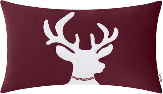 BRAWARM Christmas Pillow Cover 12 X 20 Inches, Burgundy Reindeer Embroidered Lumbar Pillow Cover, Soft Velvet Decorative Throw Pillow for Couch Bed Sofa Living Room Home