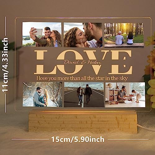 Personalized Photo Acrylic LOVE Sign Plaque Gifts for Couples Girlfriend Boyfriend Wife Husband Customizable LED Night Light Wooden Base Lamps Desk Bedroom Decor Signs