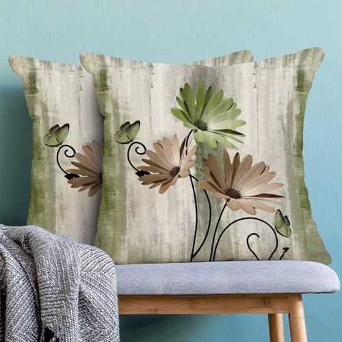 Sage Green Brown Floral Pillow Covers 18 x 18 Inch Set of 2 Daisy Floral Butterfly Decorative Throw Pillow Covers Linen Rustic Farmhouse Cushion Cases for Home Sofa Couch Living Room Decor