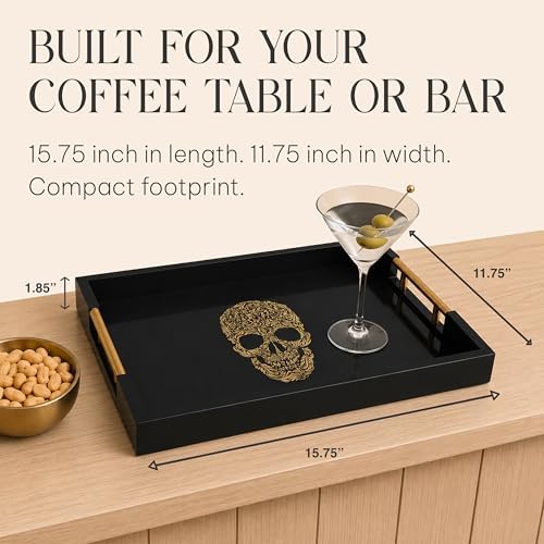 Gothic Skull Serving Tray, Black Gloss, Gold Handles by Death Decor