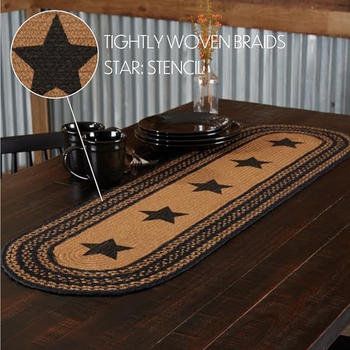 VHC Brands Farmhouse Primitive Jute Black Thanksgiving Table Runner w/Stenciled Stars 13"x48"