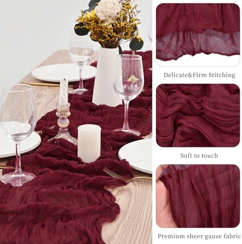 20 Pack Burgundy Table Runner 10Ft Burgundy Cheesecloth Table Runner Boho Gauze Table Runners Long Romantic Sheer Fabric Cheese Cloth Table Runners for Wedding Party Bridal Shower