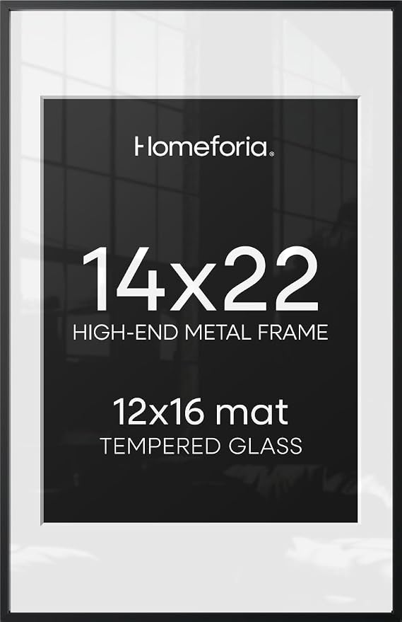 Homeforia 14x22 Black Picture Frame, High-End Metal, 12x16 Mat, Glass