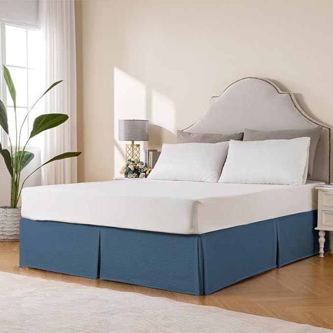 MIYE Pleated Waffle Weave Bed Skirt, Tailored Dust Ruffle 14 Inch Drop Easy Fit, Machine Washable (Blue, King - 14" Drop)