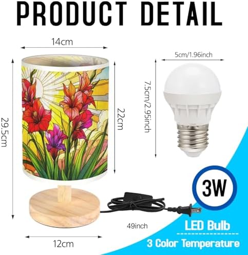 Gladiola Flower Table Lamp LED 3-Color Pressed Bedside, Gladiola Flower Shade Lamp with Wood Base for Bedroom Living Room Desk Office TL01