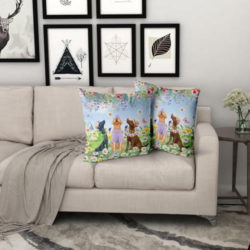 Giwawa 2PCs Spring Dogs Throw Pillow Covers, 16"x16" Colorful Wildflowers Funny Puppy Decorative Square Pillow Cases, Watercolor Floral Animal Cotton Cushion Covers Sofa Porch Bedding Decor
