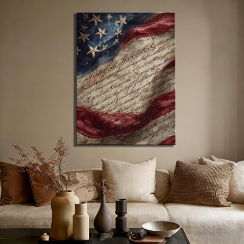 RIBNTAK 4th of July Wall Art Canvas Prints Pictures Patriotic American Flag Artwork Constitution Decor Americana Wall Decor Rustic Vintage Home Decorations for Living Room Bedroom Office Farmhouse