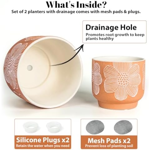 Ceramic Plant Pots, 8+6 Inch, 2 Pcs Indoor Planters with Drainage Holes