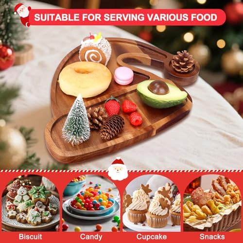 Acacia Wood Christmas Hat Tray - Decorative Serving Platter, Festive Plate, Xmas Dish & Wooden Charcuterie Board for Holiday Gift, Cheese, Fruit, Veggie & Cookie, Food, Snack, 14” x 11”