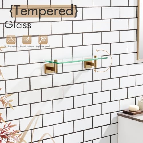 KOKOSIRI Wall Shelves Bathroom Hardware Glass Floating Shelf 12-Inch for Bedroom, Living Room, Kitchen, Hanging Rack Champagne Bronze B1105CPG-L12