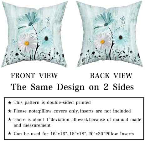 Giwawa 2PCs Teal Daisy Pillow Covers- 16"x16" Rustic Turquoise Floral Double Sided Square Pillowcases- Farmhouse Flower Butterfly Throw Cushion Cover for Sofa Porch Patio Outdoor Decor