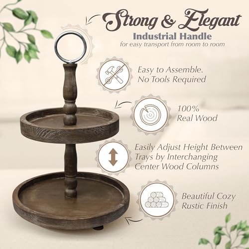 Premium Rustic Round 2 Tier Tray Stand - Farmhouse Wooden Tiered Tray Stand - Two Tiered Decorative Tray Centerpiece for Home Decor - Elegant Dessert Stand, Cupcake Stand, Coffee Bar Organizer
