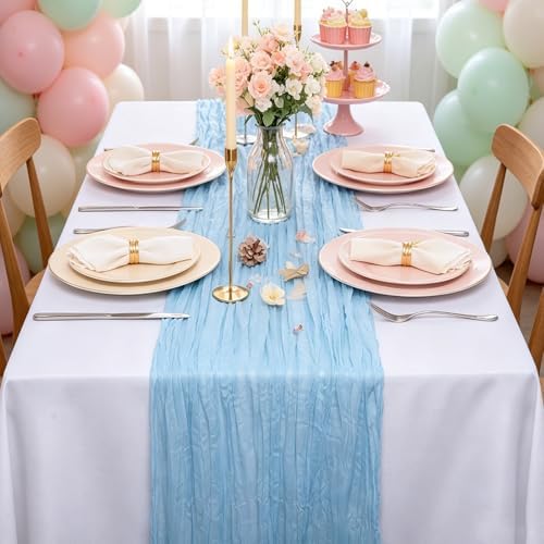 Light Blue Cheesecloth Table Runner 10FT Rustic Sheer Gauze Table Runners 120 Inch Boho Cheese Cloth Table Decorations for Wedding Bridal Summer Home Decor
